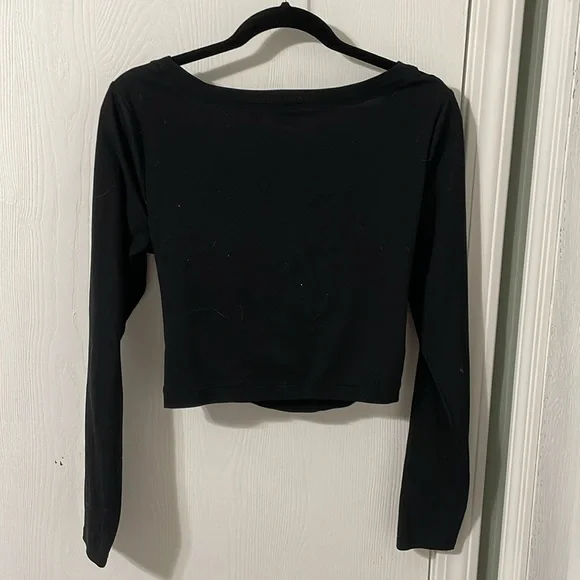 Athleta Crop V-Neck Faux Wrap Black Long Sleeve Women's Top Size Medium - Picture 5 of 7